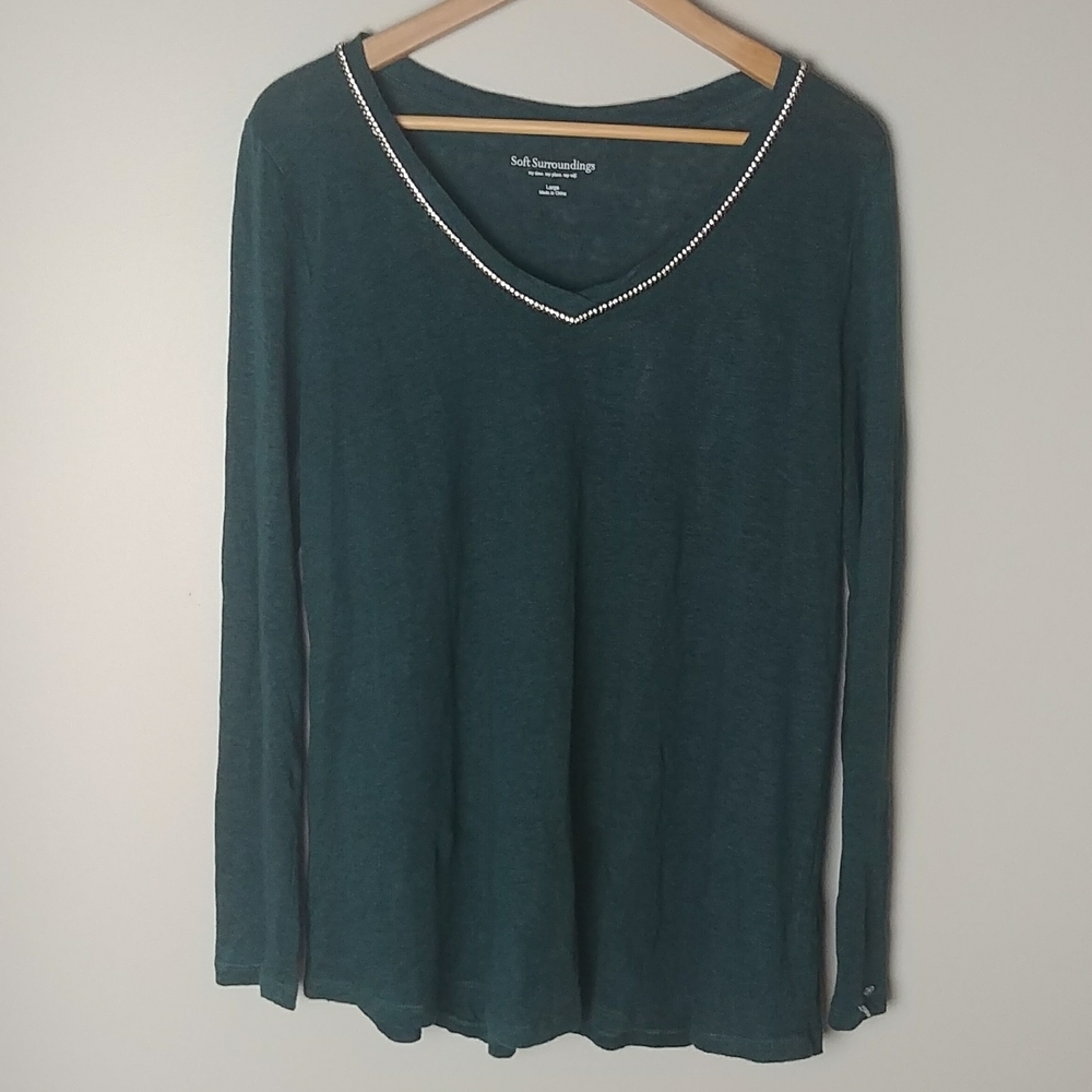 Soft Surroundings 100% Linen Green Long Sleeve With Jewel Neckline